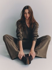 The Set Waffle V-Neck Sweat Top And Wide Leg Jogger Set Taupe Brown - Image 4 of 6