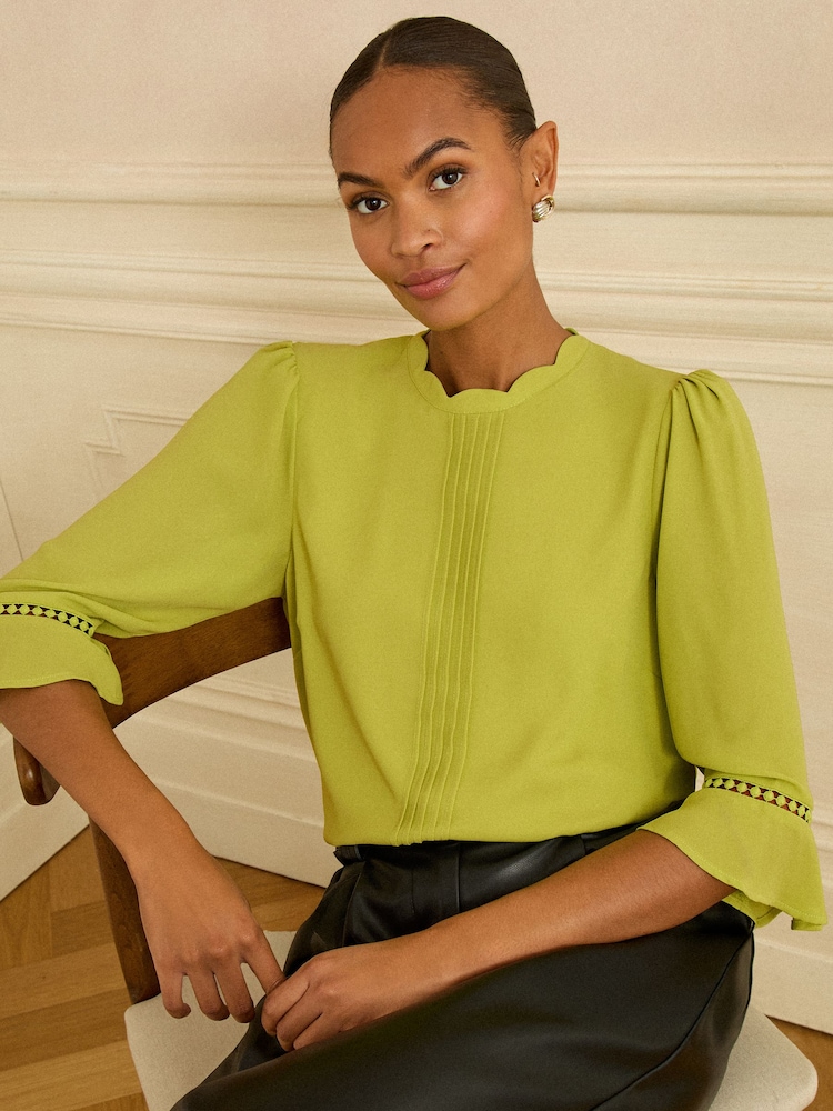 Love & Roses Lime Green 3/4 Flute Sleeve Blouse - Image 1 of 4 Love & Roses Lime Green 3/4 Flute Sleeve Blouse - Image 1 of 4