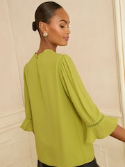 Love & Roses Lime Green 3/4 Flute Sleeve Blouse - Image 4 of 4