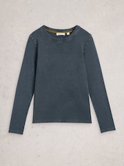 White Stuff Blue Sadie Long Sleeve Rib T-Shirt - Image 5 of 6