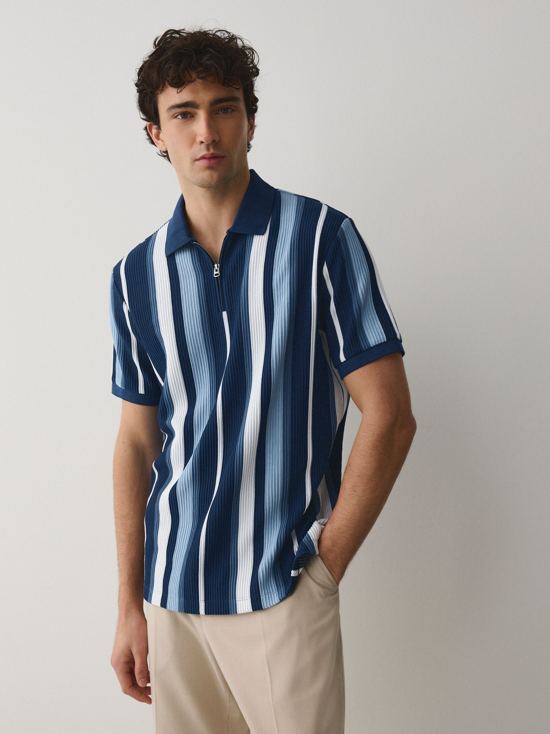 Buy Navy Blue Striped Quarter Zip Polo Shirts 2 Pack from the Next