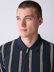 Темно-синий/песочный - Вертикаль в полоску Quarter Zip рубашки поло - Изображение 1 8