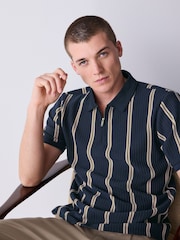 Темно-синий/песочный - Вертикаль в полоску Quarter Zip рубашки поло - Изображение 5 8