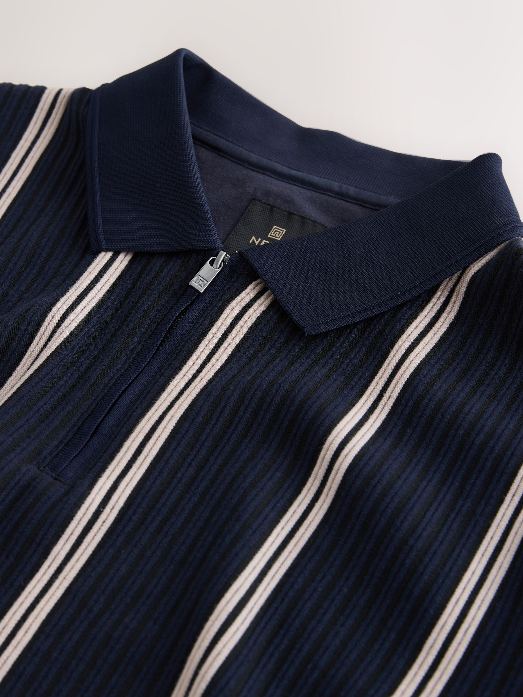 Buy Navy Blue/Stone Vertical Stripe Quarter Zip Polo Shirt from