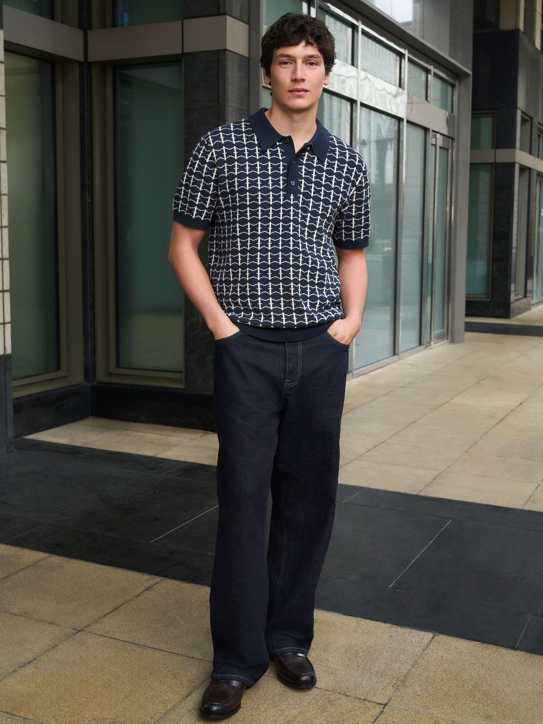 Buy Navy Blue Geometric Pattern Knitted Polo Shirt from Next