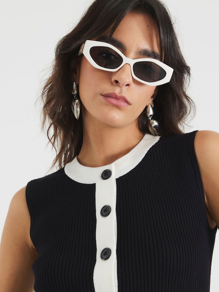 River Island Black Contrast Button Front Rib Top - Image 4 of 4 River Island Black Contrast Button Front Rib Top - Image 4 of 4