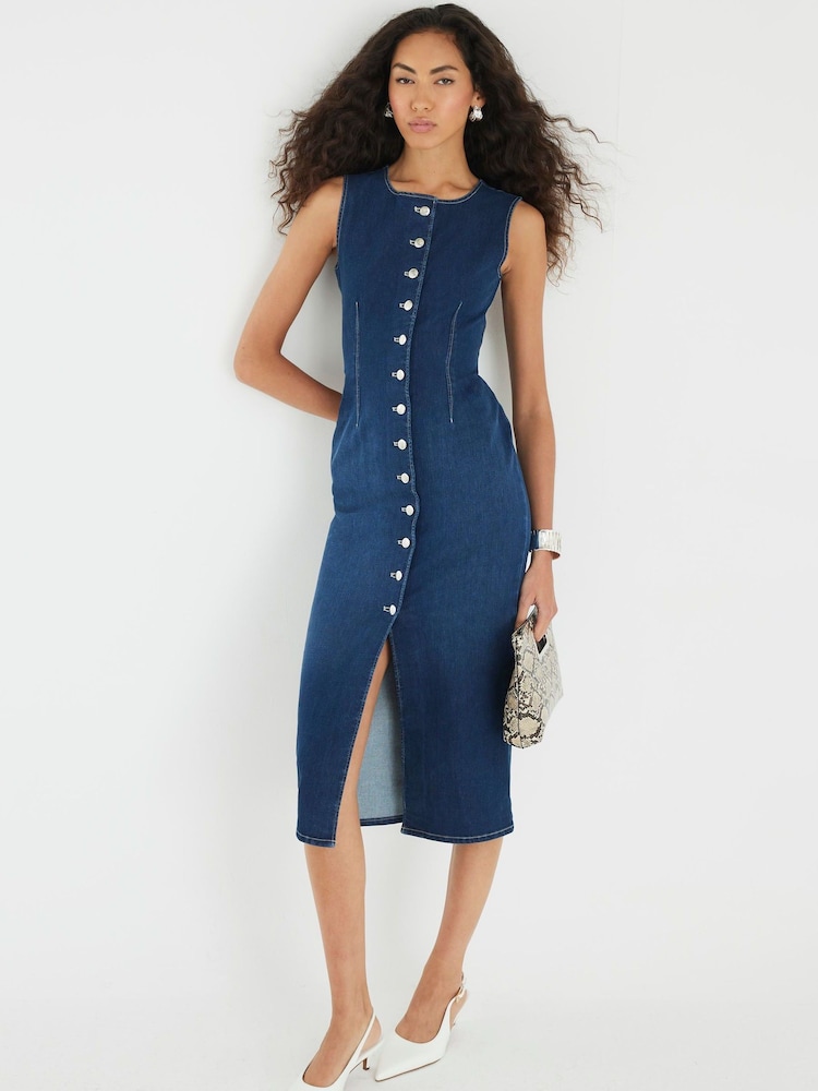 River Island Blue Denim Button Front Midi Dress - Image 1 of 4