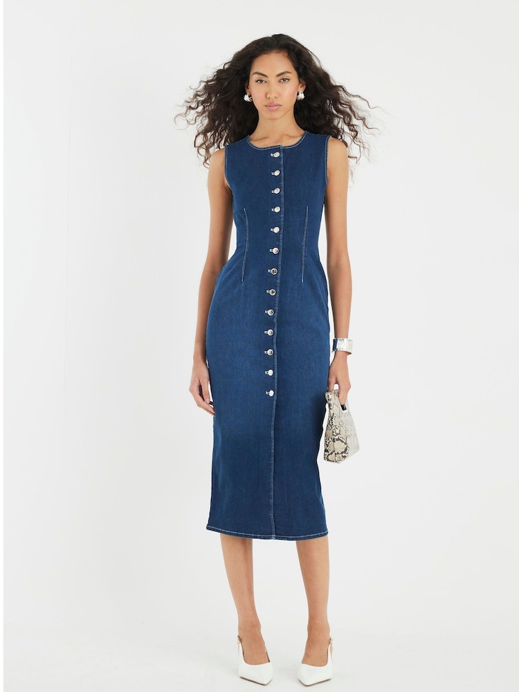 River Island Blue Denim Button Front Midi Dress - Image 4 of 4