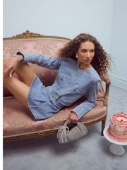 River Island Blue Denim Bow Button Jacket - Image 1 of 2