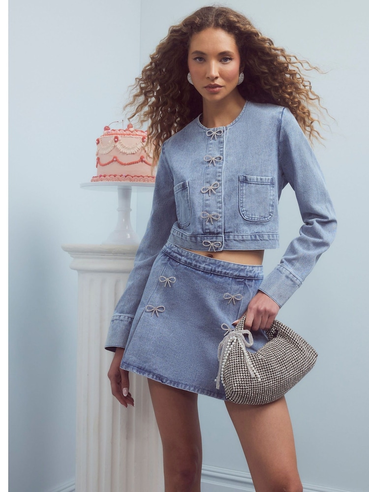 River Island Blue Denim Bow Button Jacket - Image 2 of 2