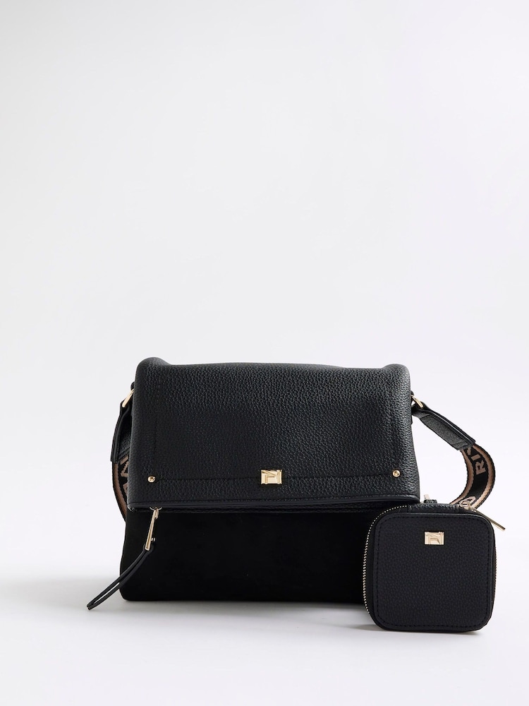 River Island Black Suedette Fold Over Messenger Cross-Body Bag - Image 1 of 6