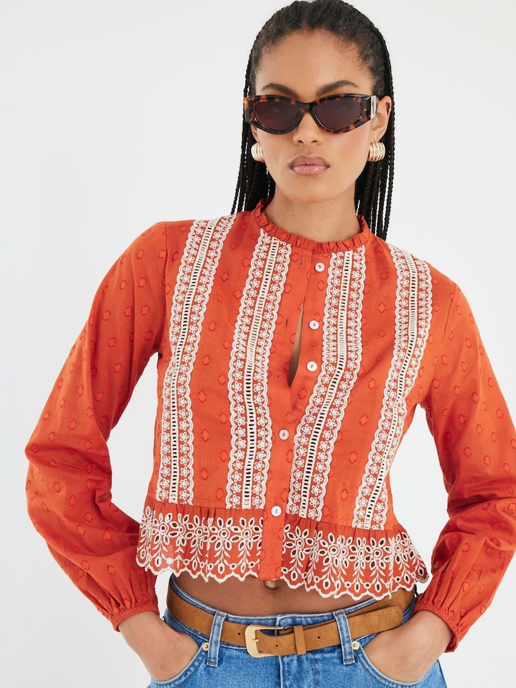 River Island Orange Broderie Trim Blouse - Image 1 of 4 River Island Orange Broderie Trim Blouse - Image 1 of 4