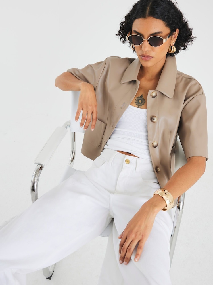 River Island Brown Faux Leather Button Through Shirt - Image 2 of 4