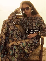 River Island Brown Printed Bardot Maxi Dress - Image 1 of 4
