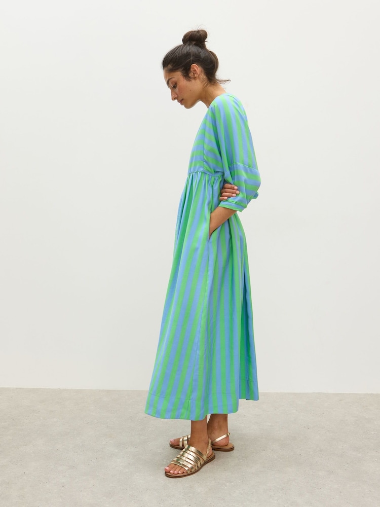 Oliver Bonas Blue Striped V-Neck Midi Dress - Image 1 of 7