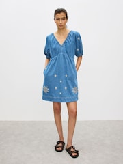 Oliver Bonas Blue Embroidered V-Neck Denim Mini Dress - Image 1 of 6