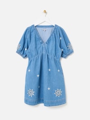 Oliver Bonas Blue Embroidered V-Neck Denim Mini Dress - Image 2 of 6