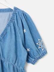 Oliver Bonas Blue Embroidered V-Neck Denim Mini Dress - Image 5 of 6