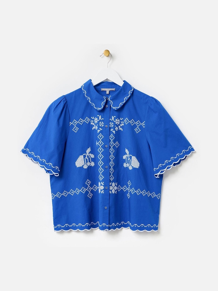 Oliver Bonas Blue Cobalt Cross Stitch Short Sleeve Shirt - Image 1 of 6 Oliver Bonas Blue Cobalt Cross Stitch Short Sleeve Shirt - Image 1 of 6