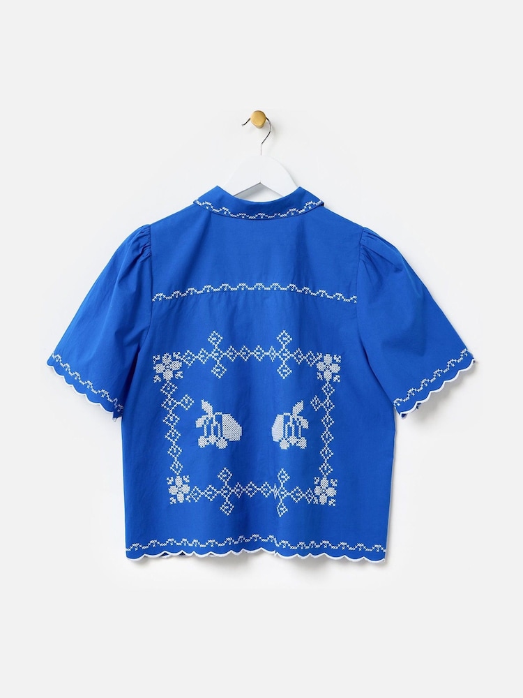 Oliver Bonas Blue Cobalt Cross Stitch Short Sleeve Shirt - Image 2 of 6 Oliver Bonas Blue Cobalt Cross Stitch Short Sleeve Shirt - Image 2 of 6