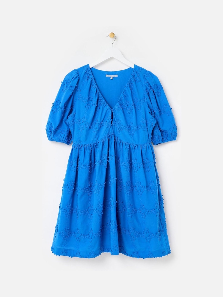 Oliver Bonas Cobalt 3D Floral Print Broderie Puff Sleeve Mini Dress - صورة 1 من 5