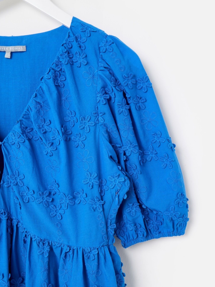 Oliver Bonas Cobalt 3D Floral Print Broderie Puff Sleeve Mini Dress - صورة 5 من 5