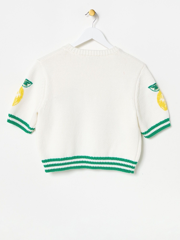 Oliver Bonas White Lemon Embroidered Short Sleeve Cardigan - Image 2 of 5