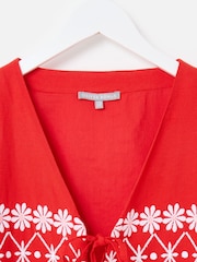 Oliver Bonas Red Floral Print Embroidered V-Neck Tie Front Blouse - Image 6 of 8