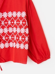 Oliver Bonas Red Floral Print Embroidered V-Neck Tie Front Blouse - Image 7 of 8