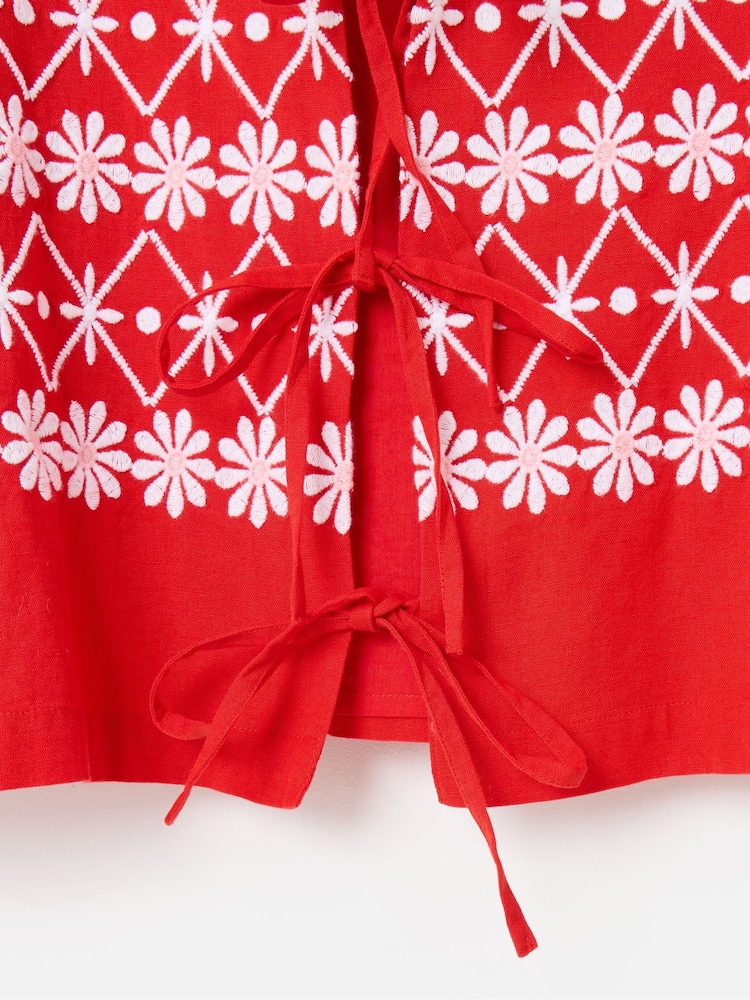 Oliver Bonas Red Floral Print Embroidered V-Neck Tie Front Blouse - Image 8 of 8