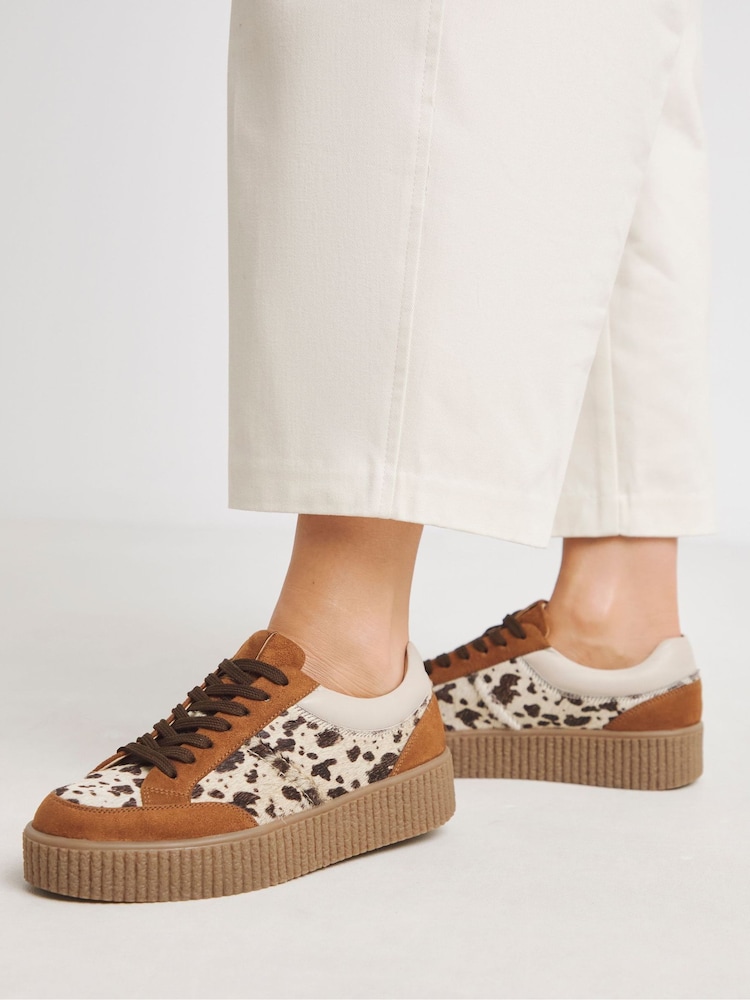 Simply Be Brown Cow Print Chunky Lace Up Trainers - Image 1 of 4