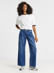 Simply Be Blue Pleat Detail Wide Leg Jeans - Image 1 of 4