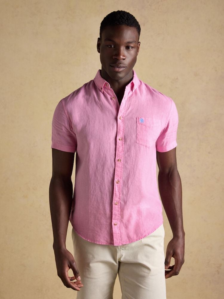 Joules Pink Pure Linen Short Sleeve Classic Fit Shirt - Image 1 of 7 Joules Pink Pure Linen Short Sleeve Classic Fit Shirt - Image 1 of 7
