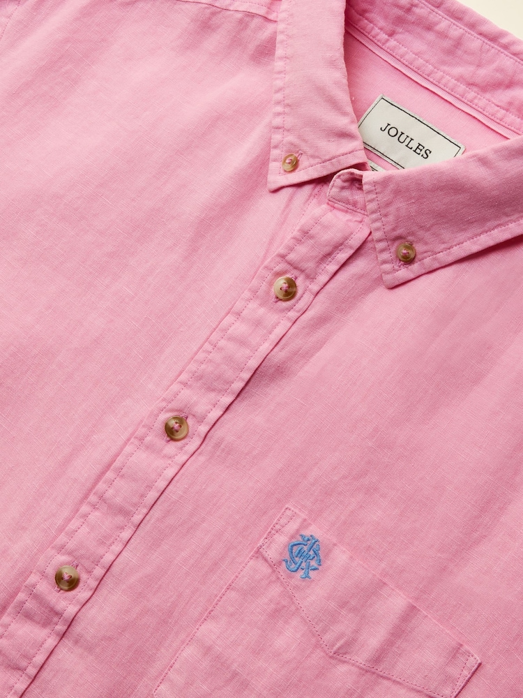 Joules Pink Pure Linen Short Sleeve Classic Fit Shirt - Image 2 of 7 Joules Pink Pure Linen Short Sleeve Classic Fit Shirt - Image 2 of 7