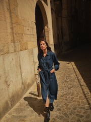 JD Williams Blue Lightweight Denim Tie Waist Midi Dress - Image 1 of 7