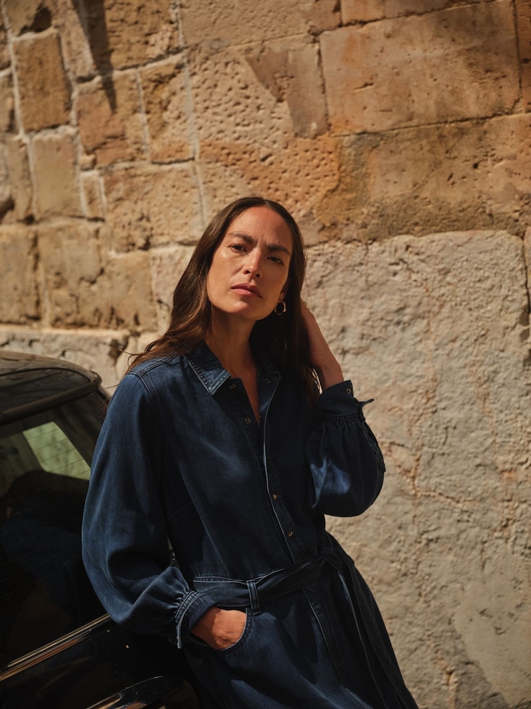 JD Williams Blue Lightweight Denim Tie Waist Midi Dress - Image 2 of 7 JD Williams Blue Lightweight Denim Tie Waist Midi Dress - Image 2 of 7