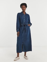 JD Williams Blue Lightweight Denim Tie Waist Midi Dress - Image 3 of 7