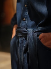 JD Williams Blue Lightweight Denim Tie Waist Midi Dress - Image 5 of 7