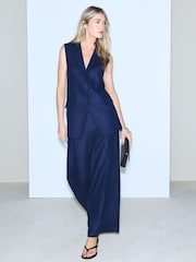 Navy Linen Rich Tie Waist Wide Leg Trousers - Image 1 of 5