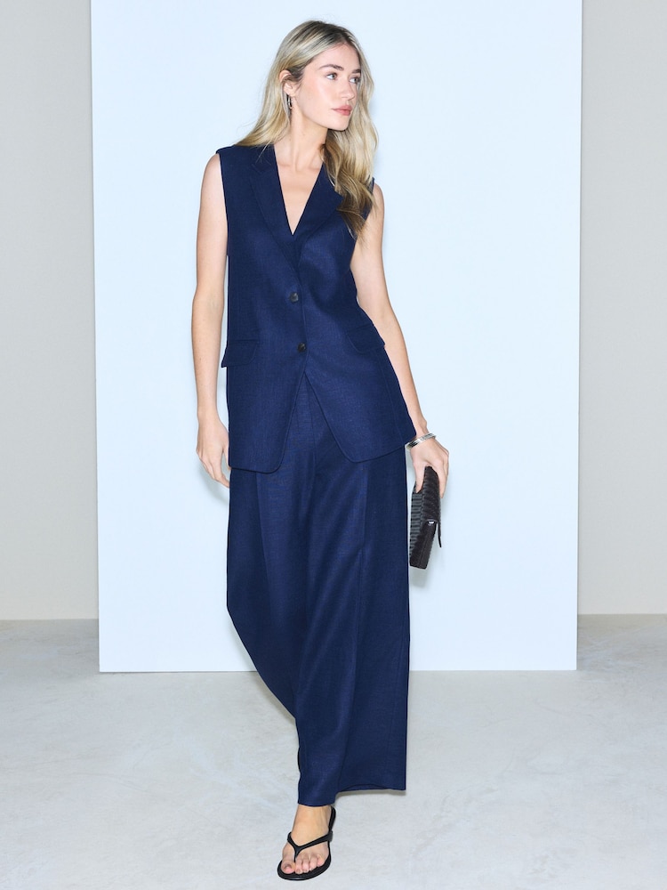 Navy Linen Rich Tie Waist Wide Leg Trousers - Image 1 of 5 Navy Linen Rich Tie Waist Wide Leg Trousers - Image 1 of 5