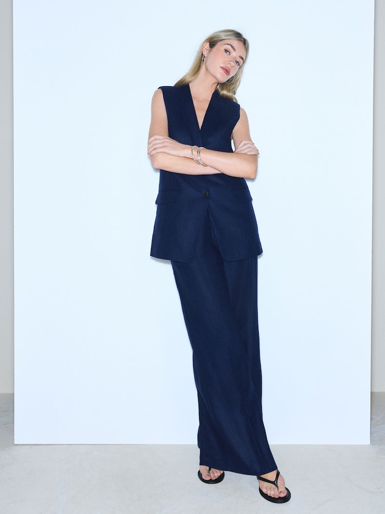 Navy Linen Rich Tie Waist Wide Leg Trousers - Image 2 of 5 Navy Linen Rich Tie Waist Wide Leg Trousers - Image 2 of 5