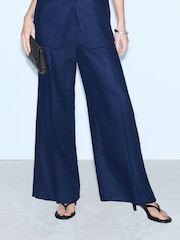 Navy Linen Rich Tie Waist Wide Leg Trousers - Image 4 of 5