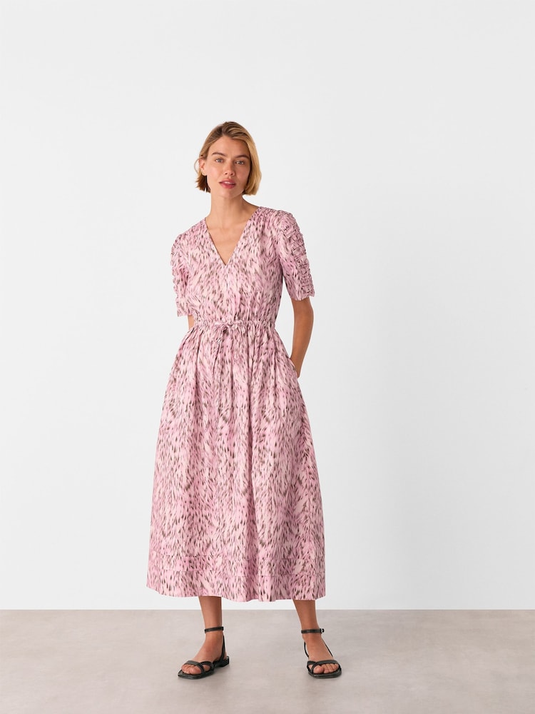 Whistles Pink Leopard Print Cotton Midi Dress - Image 1 of 5