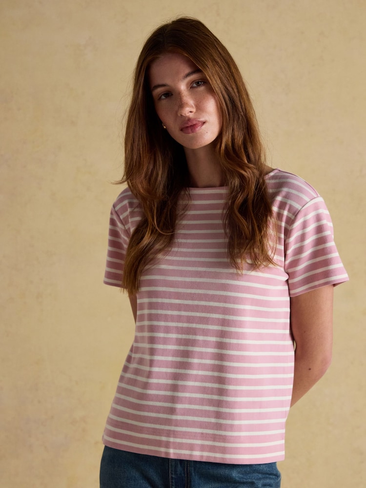 Joules Harbour Pink/Cream Short Sleeve Boat Neck Breton Top - Image 1 of 9 Joules Harbour Pink/Cream Short Sleeve Boat Neck Breton Top - Image 1 of 9