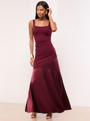 Lipsy Burgundy Red Petite Satin Mix Structured Fishtail Bridesmaid Maxi Dress - Image 4 of 5