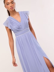 Lipsy Blue Embellished Trim Pleated V Neck Bridesmaid Dress - Image 3 of 5