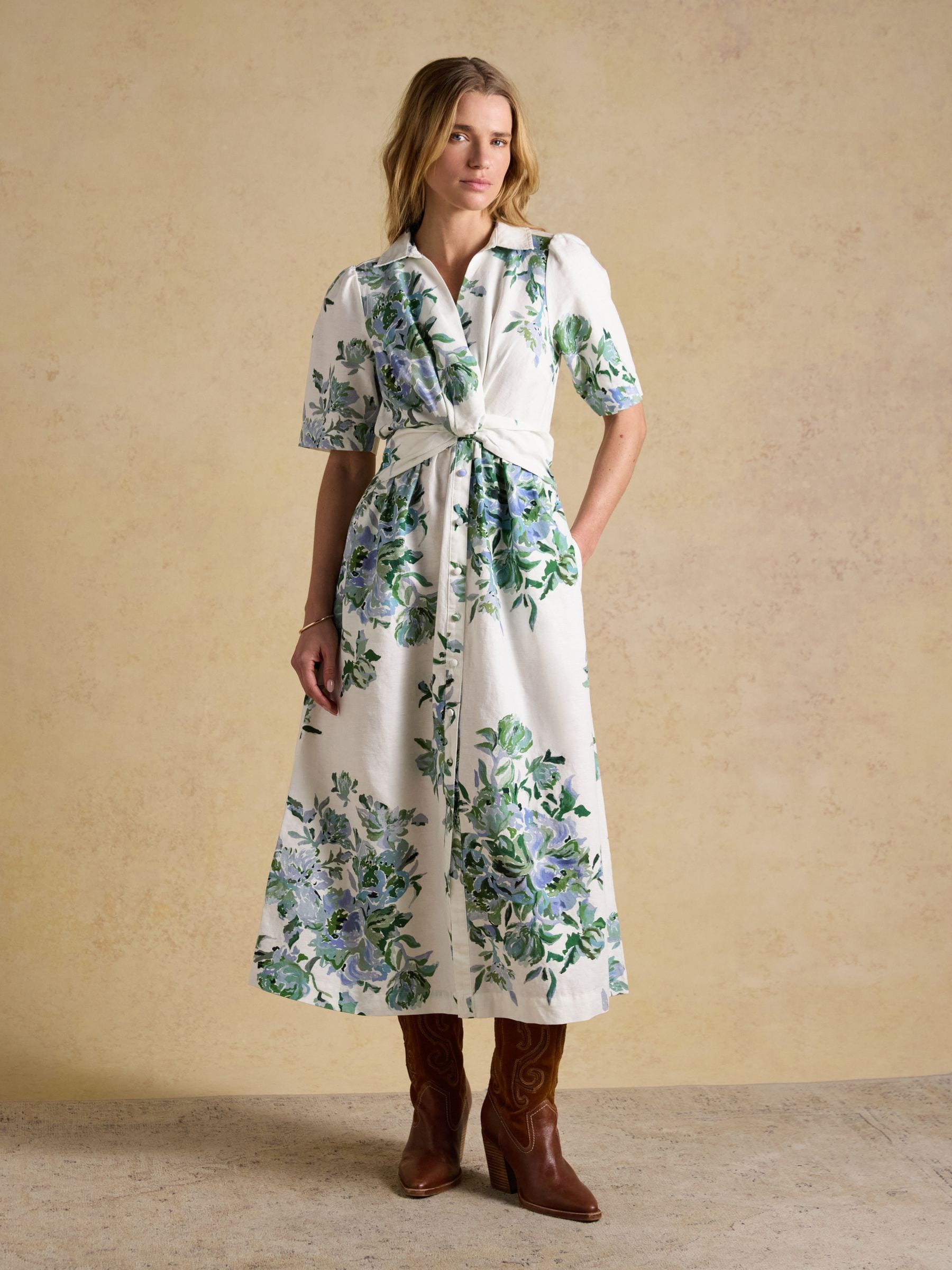 Buy Joules Marina White & Blue Floral Linen Blend Midi Dress from