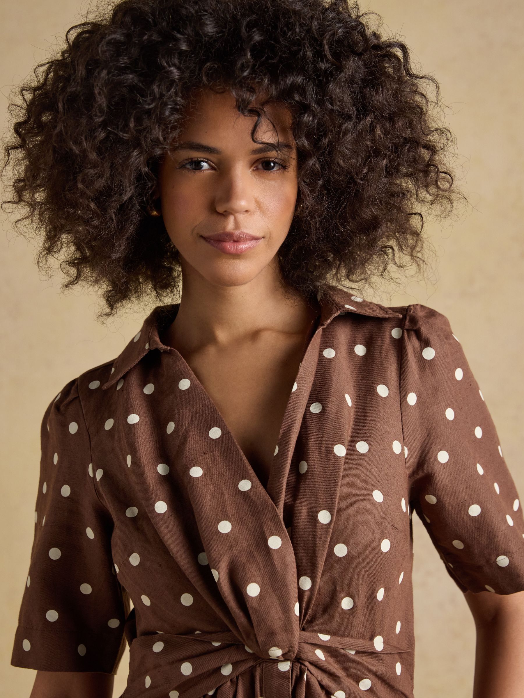 Acheter Brown Polka Dot Linen Blend - Robe mi-longue Joules Marina