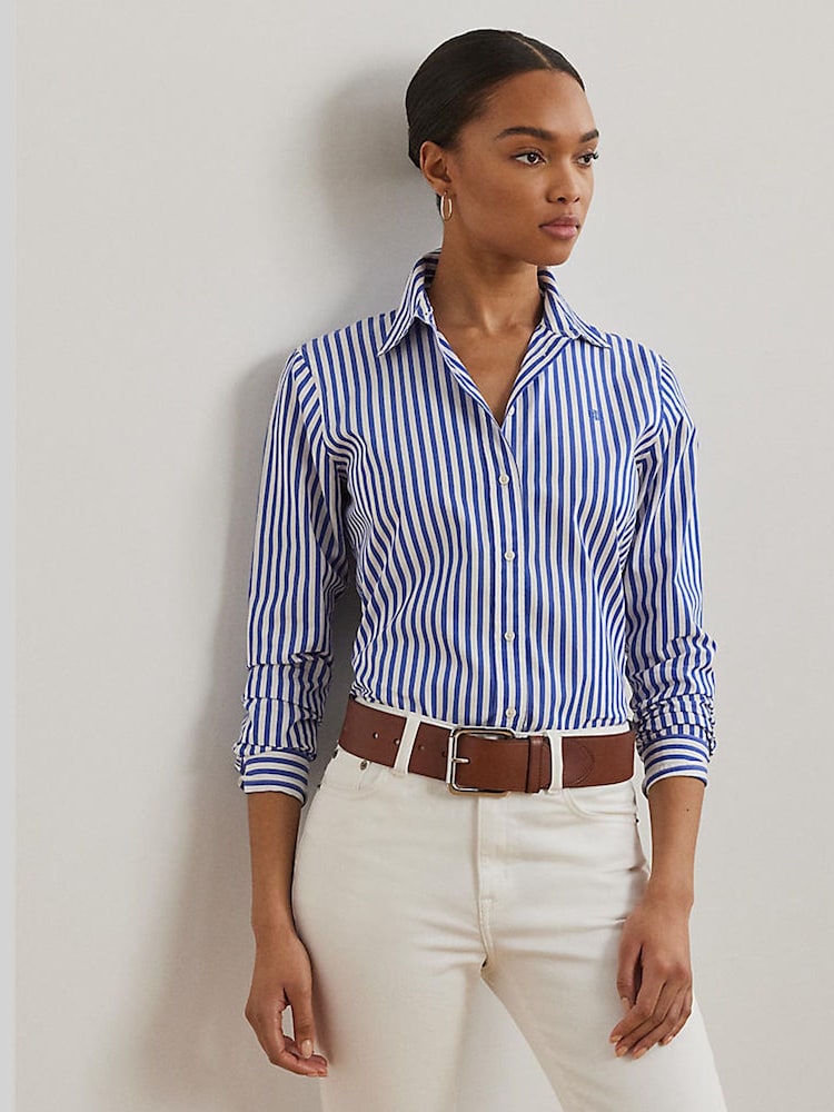 Lauren Ralph Lauren Blue Jamelko Stipe Cotton Logo Shirt - Image 1 of 6