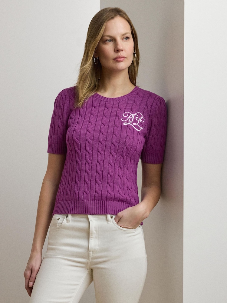 Lauren Ralph Lauren Purple Tarjyll Cable Knit Embroidered Logo Short Sleeve Knit Jumper - Image 1 of 9